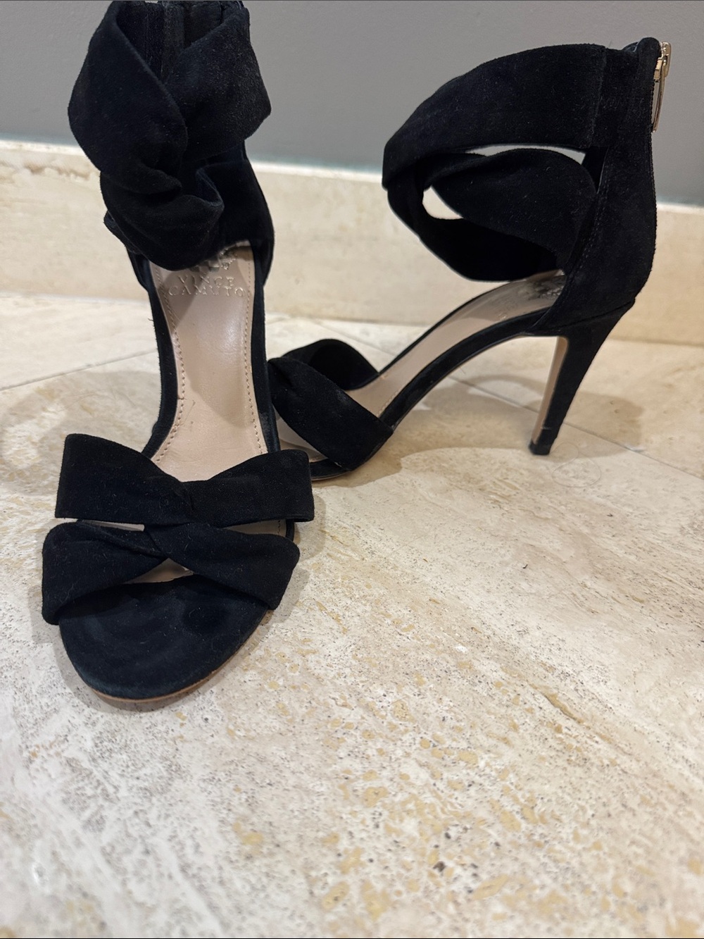 Vince Camuto Black Suede Bow Ankle-Strap Stilettos